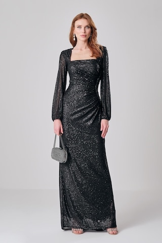 Explosion Pullu Maxi Abiye Elbise - Kare Yaka - Uzun Kol - Özel Günler Siyah