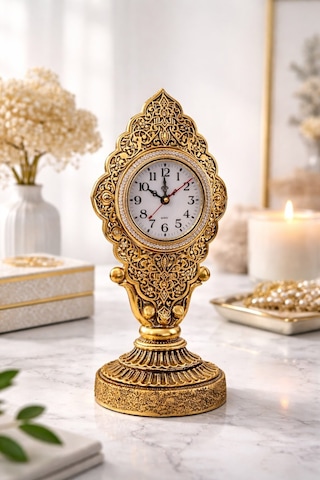 Nostaljik Vintage Taş İşlemeli Kabartmalı Lüks Altın Renk Dekoratif Salon Ve Ofis Masa Saati 29 Cm Gold
