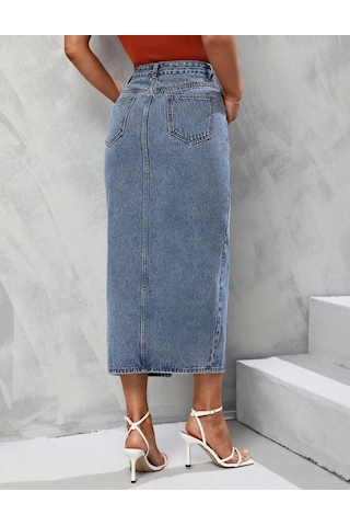Pass&pass 2100-etek Kadın Likralı Önden Yırtmaçlı Jeans Kot Denim Uzun Etek Kar Açık Mavi