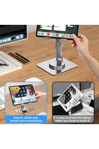 Ebitda Telefonlar, Tabletler Mt136 Alüminyum Standı, Ayarlanabilir, Masaüstü Tutucu, 360 Döndürülebilir, Katlanabilir, Gümüş