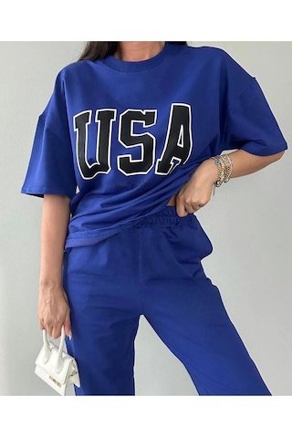 Usa T-shirt Eşofman Altı Jogger- Mavi Baskılı Alt Üst Eşofman Takım Oversize Bisiklet Yaka Mavi