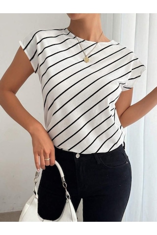 Simala Kadın Kısa Yarasa Kollu Bisiklet Yaka Çizgi Desenli Atlas Bluz Beyaz