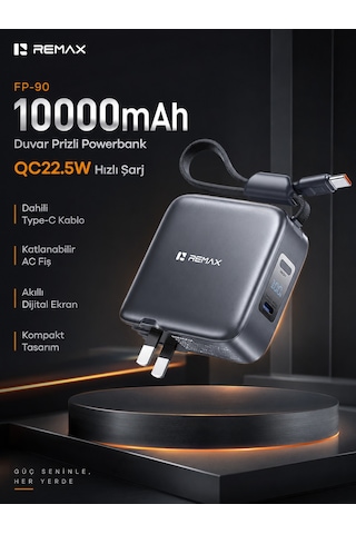 Remax Cloudatlas 10000mah 22.5w Dahili Type-c Kablolu & Katlanır Fişli Powerbank Adaptör Fp-90 Mat Gri Koyu Gri