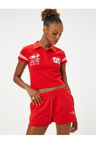 Koton Mini Şort Beli Bağcıklı Slogan İşlemeli Kesik Paça Slim Fit Cep Detaylı Kırmızı 4sal40181ık Kırmızı
