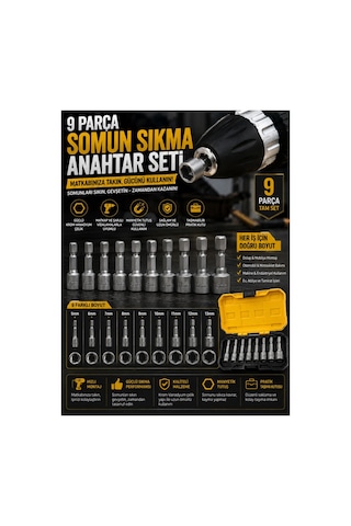 9 Parça Somun Anahtarı Somun Matkap Uçları Sıkma Seti 10mm