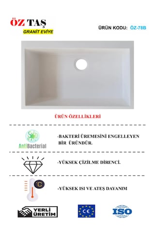 Öztaş ÖZ-78b Granit Mutfak Eviye Beyaz Tek Gözlü 50 x 78 CM