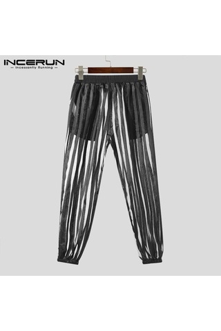 Incerun Erkek Yazlık Fileli Şeffaf Pantolon Yazlık Çizgili Uzun Pantolon Siyah