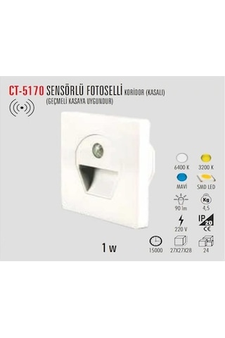 Cata Ct-5170 Sensörlü Kordidor Fotoselli Armatür 1W Günışığı N11.4448 Beyaz
