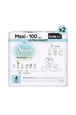 Sleepy Bio Natural Premium Plus Ultra Paket Bebek Bezi 4 Numara Maxi 200 Adet