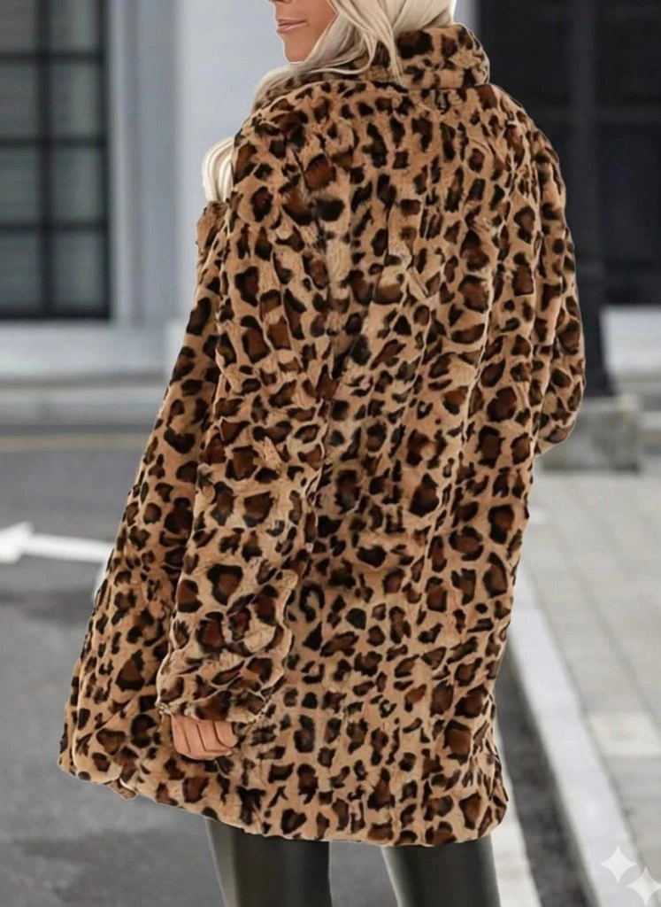 Kadın Uzun Kollu Yakalı Cepli Kısa Peluş Leopar Kaban Leopar