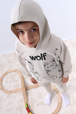 Erkek Çocuk Kapşonlu Eşofman Takımı 4 Mevsim Wolf Baskılı Ribanalı F12 Bej