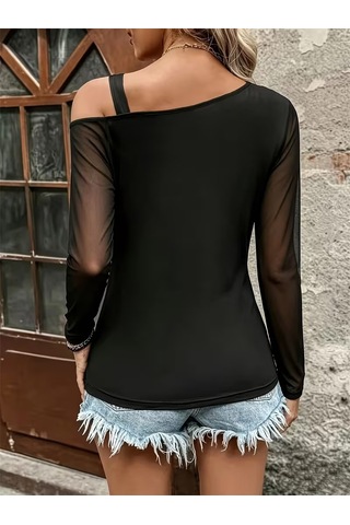 Bhrwear Kadın Uzun Kollu Tek Omuzdan Açık Askılı Tüllü Viskon Bluz Renkli