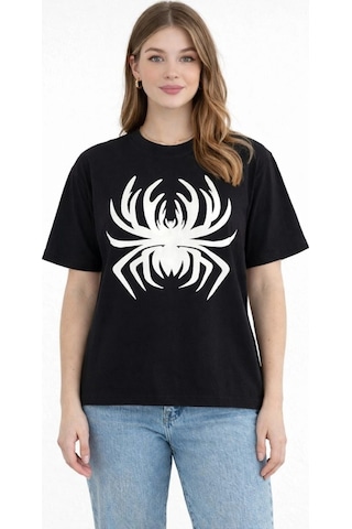 Wear Vexel Kadın Örümcek Baskılı Tişört Kısa Kollu Bisiklet Yaka T-shirt - Siyah Çok Renkli