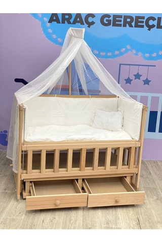 Ahşap Anne Yanı Asansörlü Çekmeceli Sallanır Beşik Tam Set Uyku Seti Koyu Gri