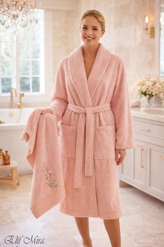 Tek Kişilik Banyo Havlulu Bornoz Seti Pamuklu Bukle Şalyaka Nuvia Pembe