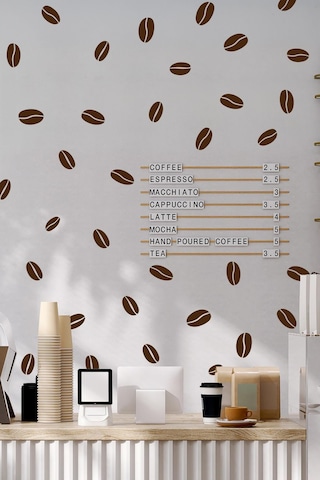 Kahve Çekirdekleri, Dekoratif Kahve Dükkanı Kahve Köşesi Süsleme Stickerları Kendinden Renkli 84 Ad. Dijital Baskı