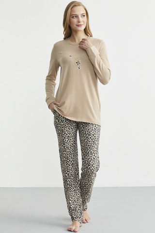 Yumoş Dokulu Leopar Desenli Kışlık Pijama - Bej Bej