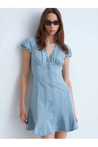 Dilvin 90583 %100 Pamuk Çıtçıt Detaylı Denim Elbise-mavi