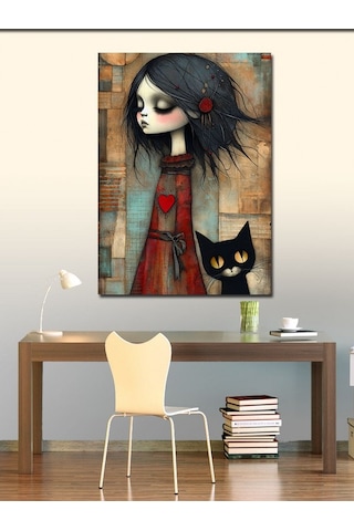 Kanvas Tablo Gotik Kadın Ve Kedi 100cmx140cm