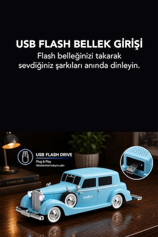 Retro Bluetooth Hoparlör 10w Vintage Araba Tasarımlı Fm Radyo Usb Tf Kart Destekli Tws Stereo