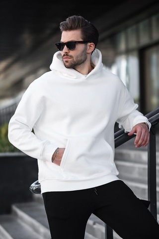 Ekru Kapüşonlu Kanguru Cep Erkek Sweatshirt E7169 Ekru