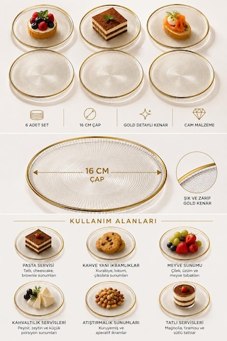 6' Lı Cam Kek Pasta Tabağı Seti - Yaldızlı Lüks Pasta Takımı 16cm Şeffaf