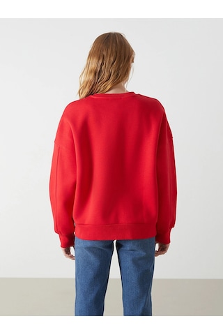 LC Waikiki Bisiklet Yaka Baskılı Oversize Kadın Kalın Sweatshirt Kırmızı