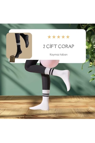 Enefendi 2 Çift Yoga Pilates Çorabı Kadın Kaymaz Silikon Taban Pamuklu Soket Tenis Çorap Havlulu Siyah Beyaz. Gri