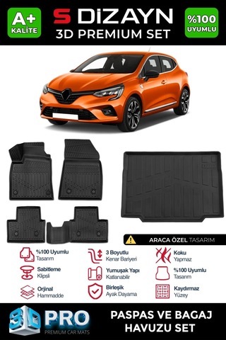 S-dizayn Renault Clio 5 3d Pro Havuzlu Paspas Ve Bagaj Havuzu Seti 2'li Set 2019-2026 A+ Kalite