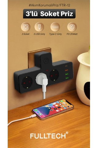 Termal Akım Korumalı Isıya Dayanıklı 3'lü Priz 3x Usb 1x Type-c