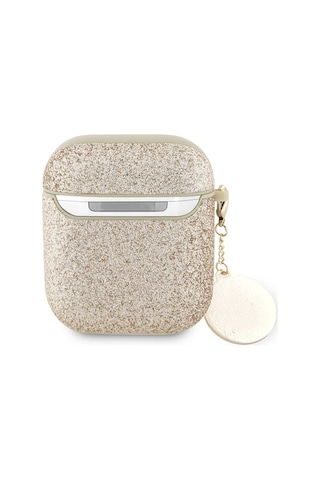 Apple Uyumlu AirPods Kılıf Guess Lisanslı Glitter Elmas Kalp Süs Zincirli Gold