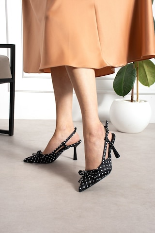 Dabab Shoes Polkıa Siyah Puantiye Desenli Saten Sivri Burun Slingback 7 Cm İnce Topuklu Ayakkabı