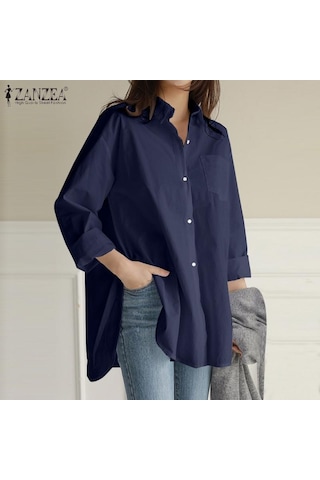 Lacivert Zanzea Vintage Kadın Yaka Boyun Düğmesi Ön Tunik Gömlek Gevşek Rahat Uzun Kollu Düzensiz Bluz Üstleri 3xl Lacivert