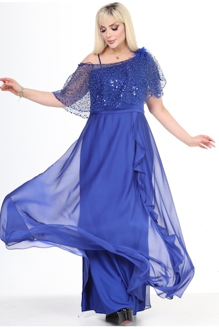 Ladies First Büyük Beden 3858 Saks Uzun Abiye Elbise 001