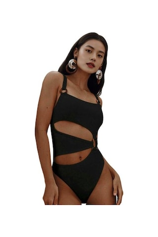 Kadın Monokini Dolgulu Balenli Düz Renk Kare Yaka Tek Parça Bikini İçi Boş Tasarımlı Plaj Tatil Mayosu Siyah