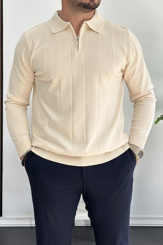 Erkek Yarım Fermuarlı Polo Yaka Mevsimlik Kazak Krem Edw195 Krem