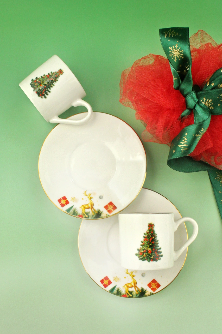 Christmas Tree Altın Yaldızlı İki Kişilik Kahve Fincan Takımı Beyaz - Altın