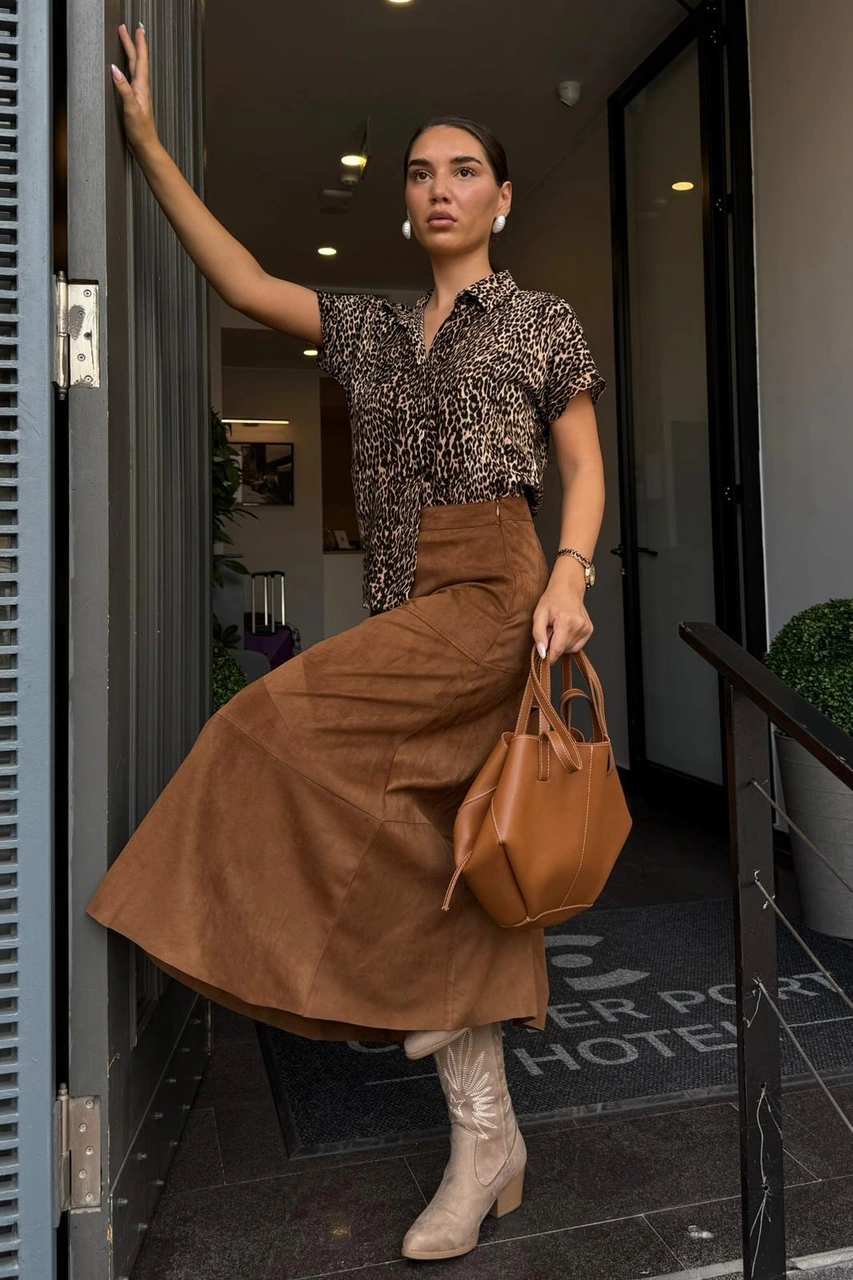 Kahverengi Süet Uzun Etek Mg2549 Kahverengi