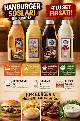 4'lü Gurme Hamburger Sos Seti Ranch-barbekü-ballı Hardal-burger Sos Fast Food Efsane Paket