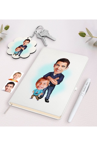 Kişiye Özel Baba Oğul Karikatürlü Beyaz Defter Kalem Ve Anahtarlı N11.16115