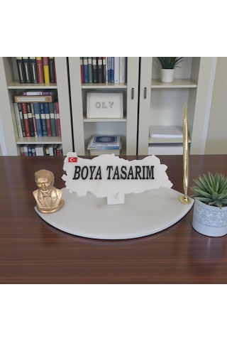 Doğal Beyaz Mermer Masa Ofis İsimlik Kalem Ve Atatürk'lü