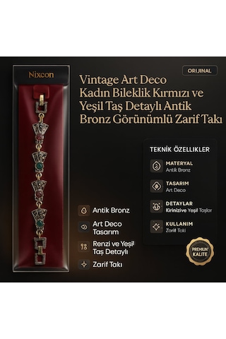 Vintage Art Deco Kadın Bileklik Kırmızı Ve Yeşil Taş Detaylı Antik Bronz Görünümlü Zarif Takı