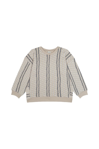 Antebies Organik Bej Lacivert Dikey Çiçek Desenli Uzun Kollu Manşetli Kız Çocuk Sweatshirt Krem