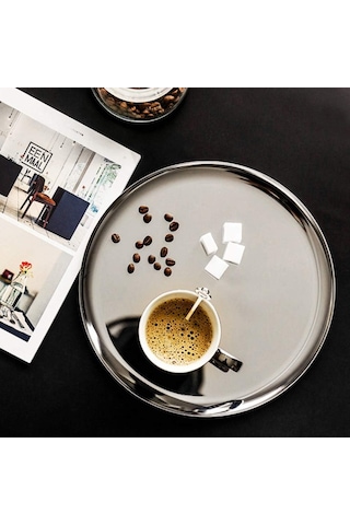 Tepsi 28 Cm Paslanmaz Çelik Yuvarlak Gümüş Saklama Tepsisi Sabit Düz Tabanlı Kaymaz Kolay Yıkanabilir Gıda Tepsisi
