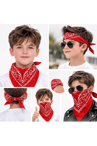 Kırmızı Kovboy Fuları Çocuk Bandana Western Desenli Boyun Fuları