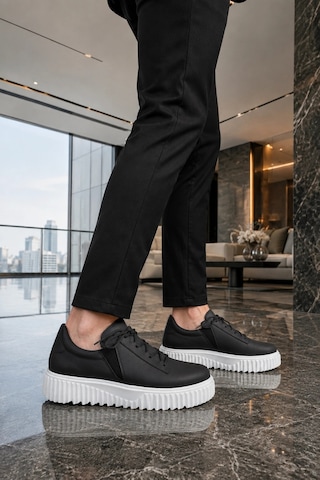 Mevese Dlob Erkek Bağcıklı Cilt Günlük Casual Spor Sneaker Ayakkabı - Siyah Beyaz