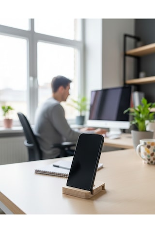 Doğal Kayın Ahşap Telefon Ve Tablet Standı - Masaüstü İpad Tutucu - Ofis Ve Ev Aksesuarı