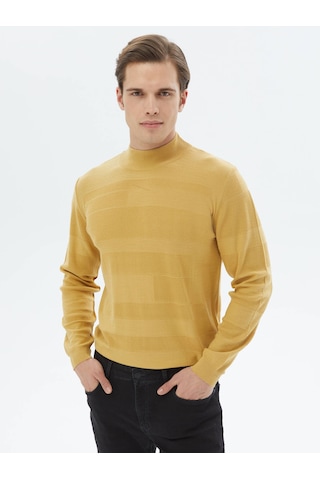 Sarı Yarım Balıkçı Yaka Jakarlı Yün Karışımlı Triko Sarı