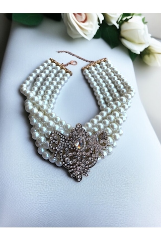 Zirkon Taşlı Choker Tasma Inci Kolye Beyaz