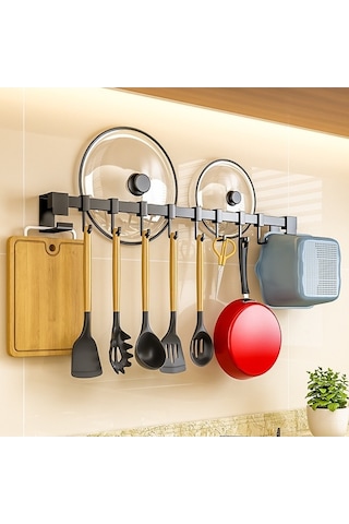 Dancemonkey Mutfak Asma Çubuğu, Delme Gerektirmeyen Siyah Kanca, Duvara Monte Kaşık Kancası, Mutfak Gereçleri Rafı, Karbon Kristal Siyah 50cm Siyah Siyah